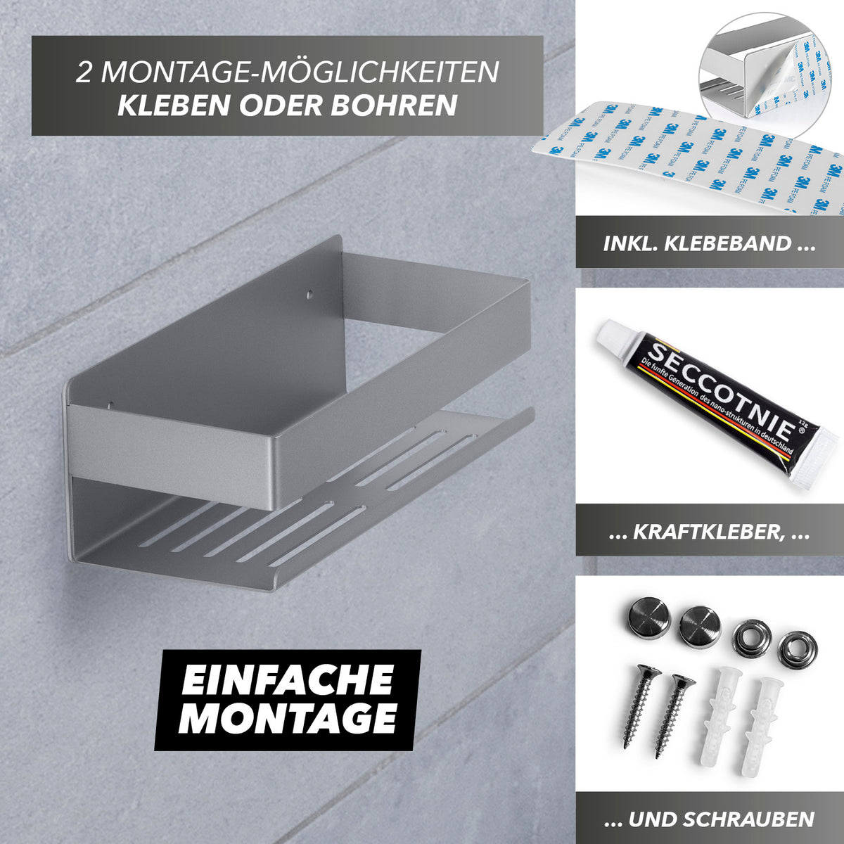 Dusch-Organizer zum Kleben oder Bohren - 2er-Set - Silber mit Hakenleiste, Edelstahl, wasserdurchlässig und vielseitig montierbar.