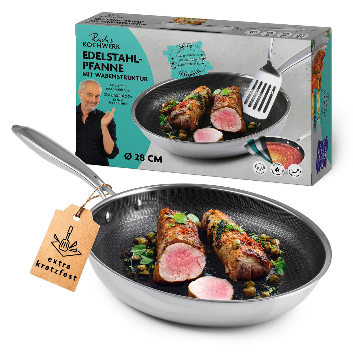 Edelstahl-Pfanne mit Wabenstruktur Ø 28 cm, kratzfest, antihaftbeschichtet, für alle Herdarten, mit Soft-Touch-Griff und hohem Rand.