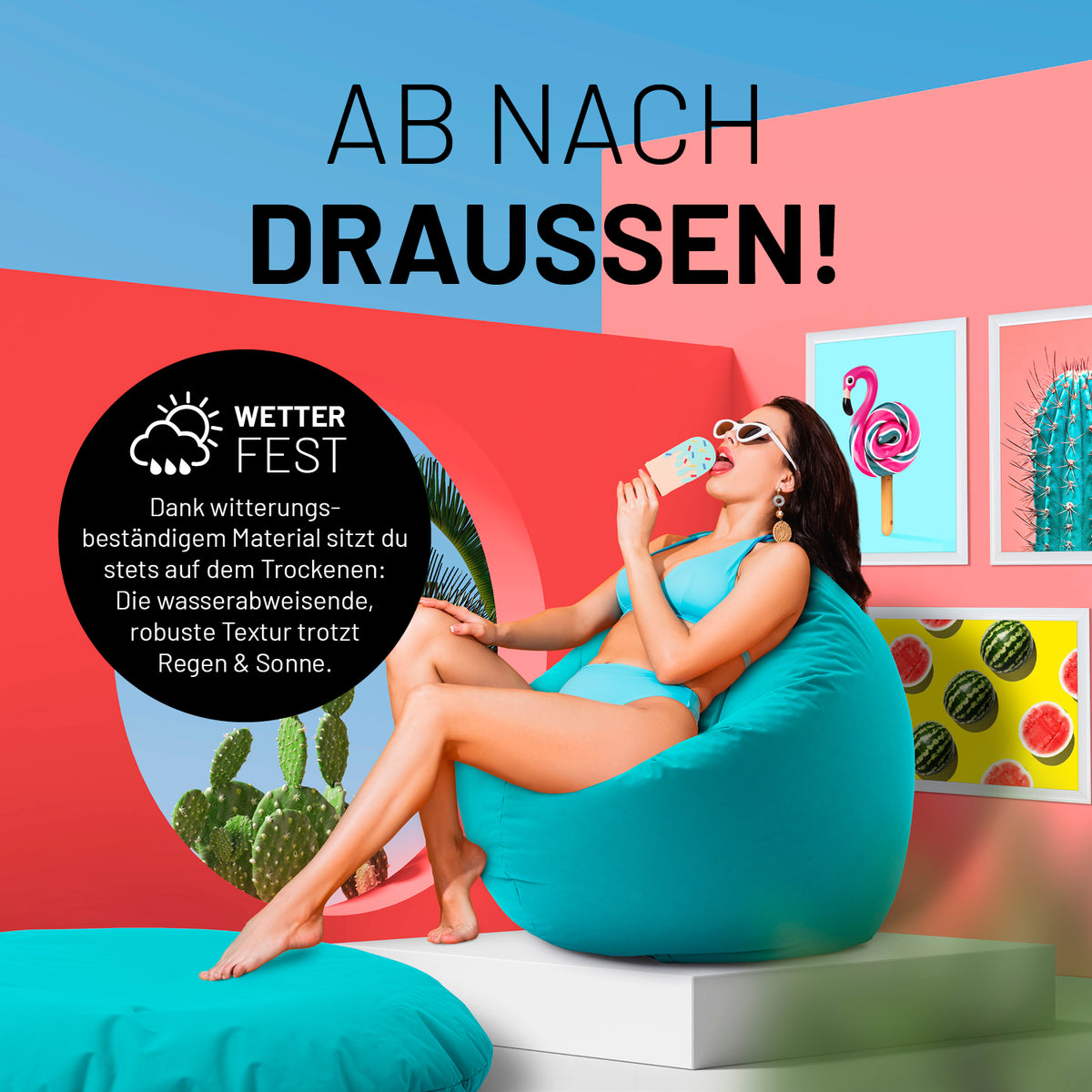 Sitzsack Drops (300 L) in Aquamarin, wetterfest, robust, komfortabel für innen und außen, leicht zu reinigen, mit verstecktem Reißverschluss.