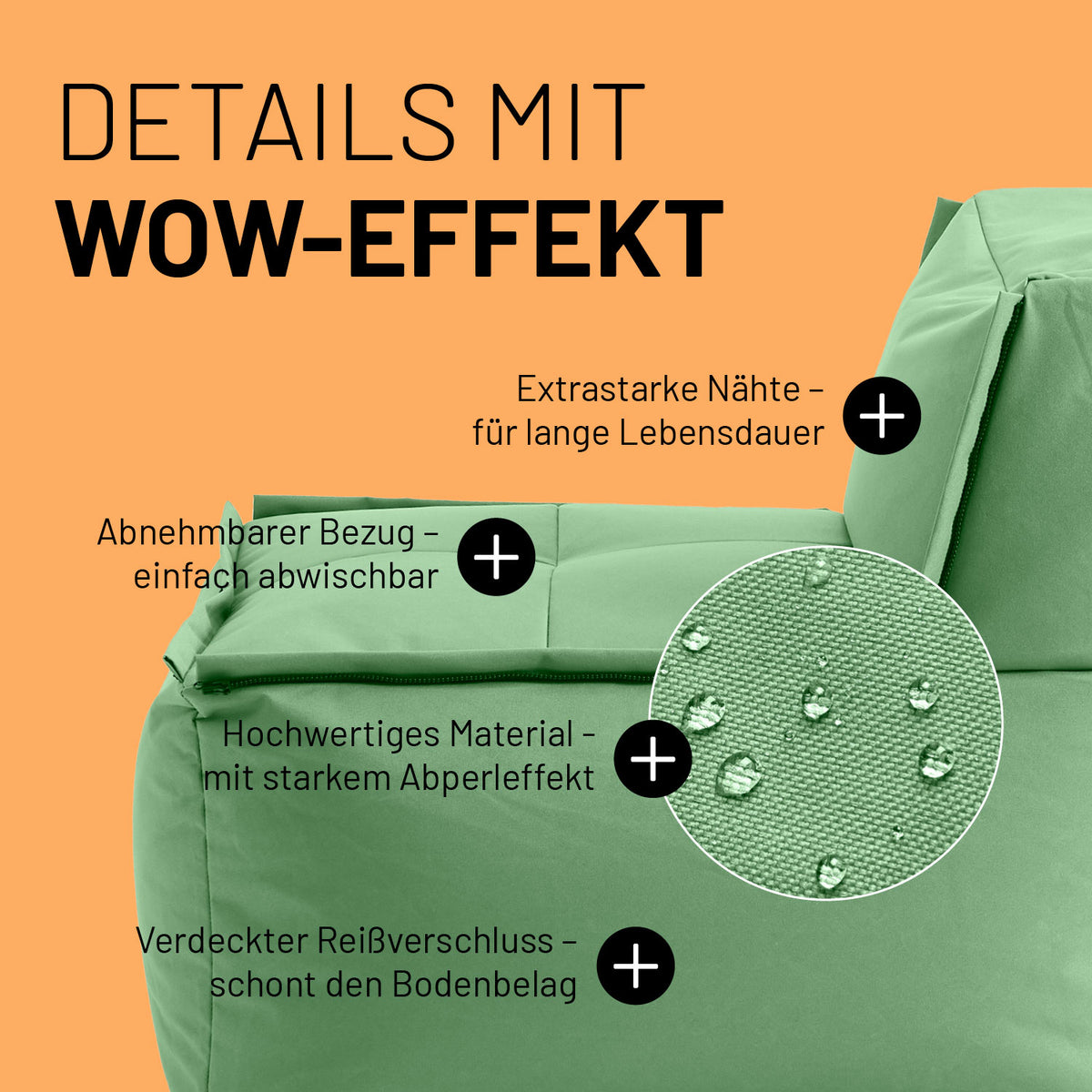 Sitzsack-Sofa Mittelstück (200 L) - Modulares System - indoor & outdoor - Pastell Grün mit abnehmbarem Bezug und extrastarken Nähten.