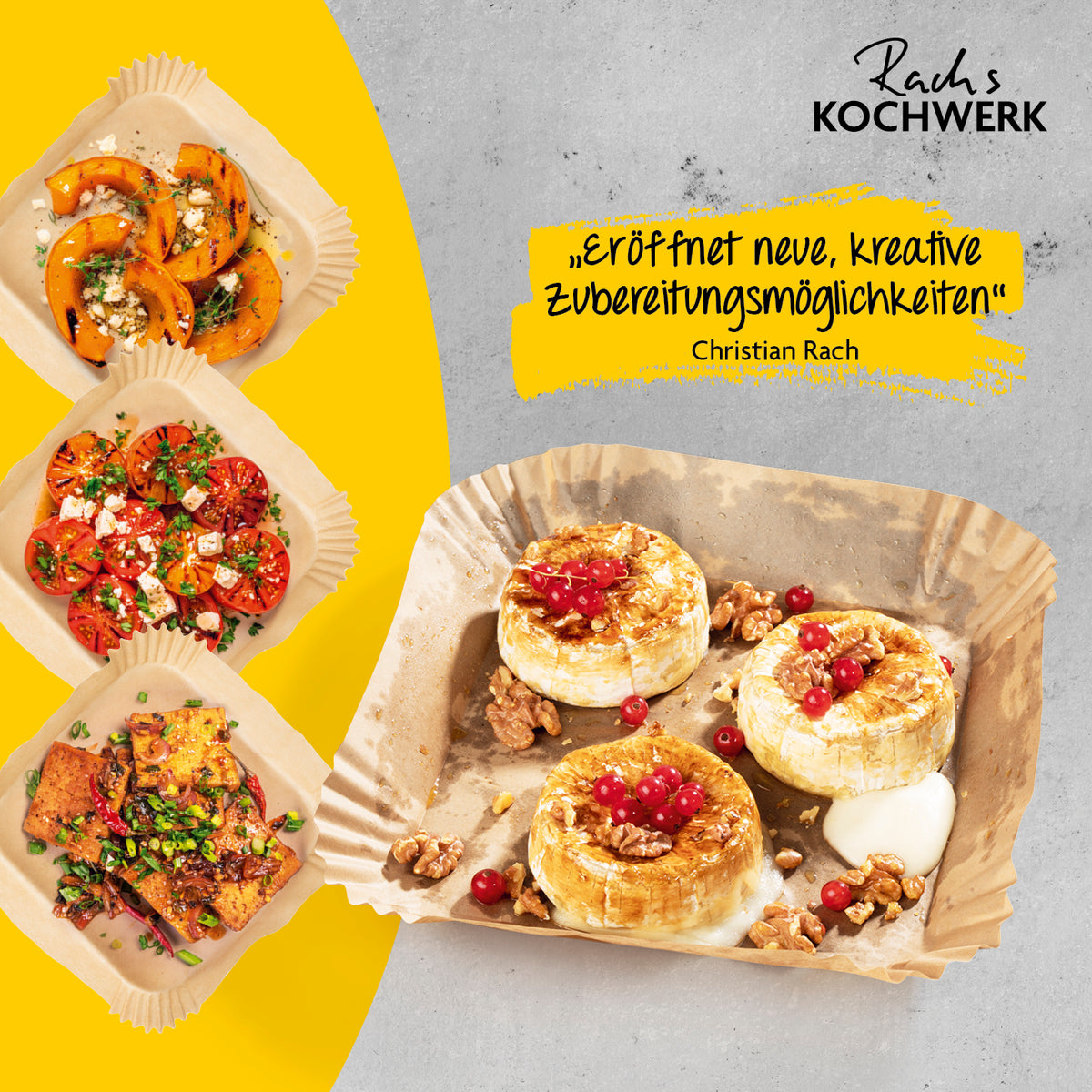 Backpapierschalen für Heißluftfritteusen (2–5 l) mit 2 Rezeptideen, hitzebeständig, antihaftbeschichtet, 50 Stück à 16 x 16 x 4,5 cm.