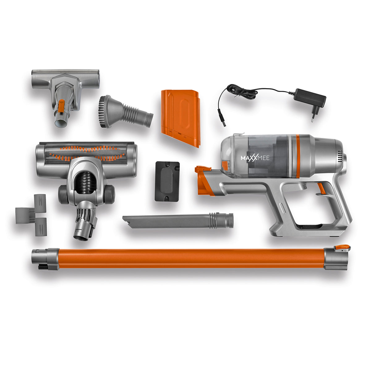 Akku-Zyklon-Staubsauger Pet Star - orange/silber mit Zubehör, kabellos, elektrischer Bodendüse, 600 ml Behälter und Aluminium-Steckrohr.
