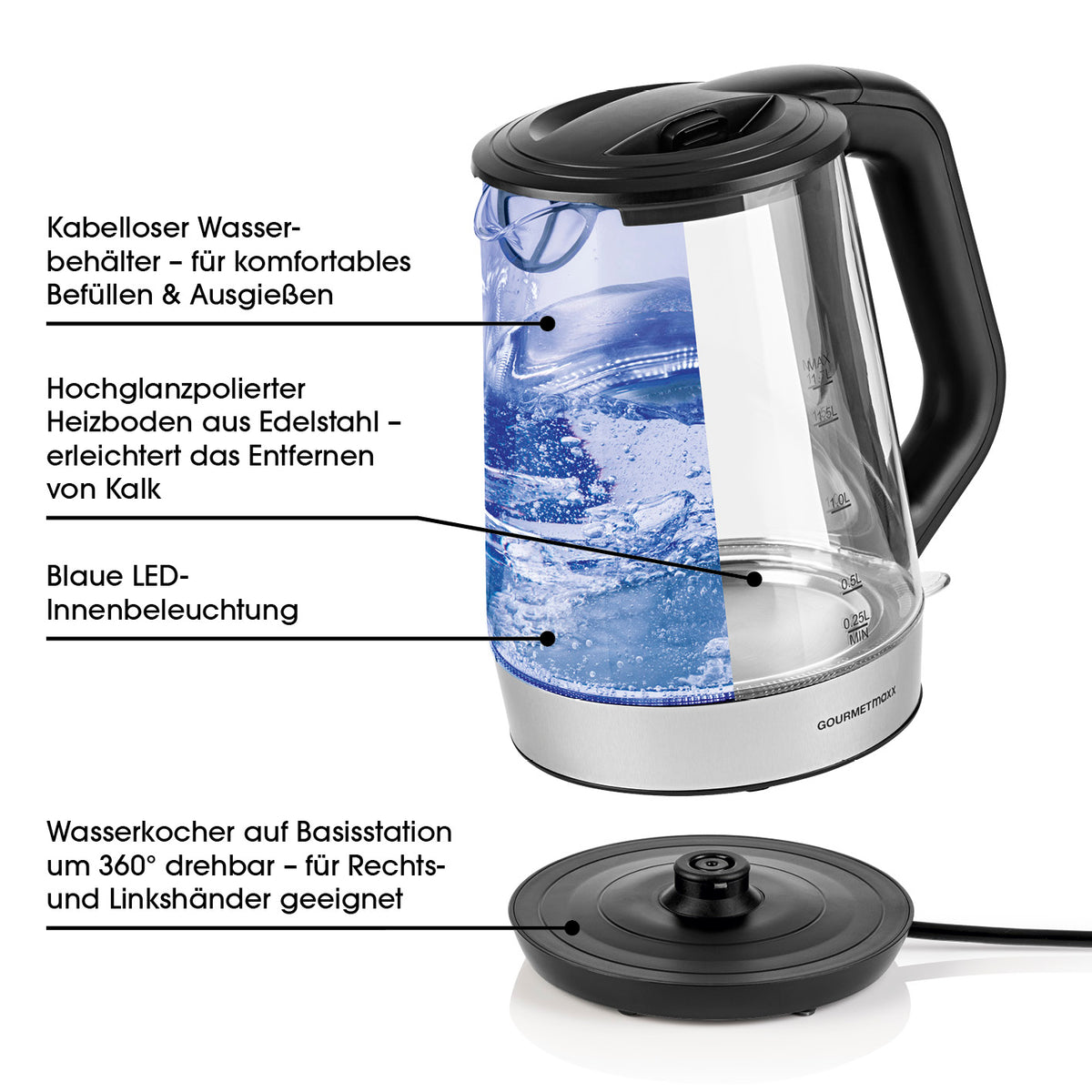 Glas-Wasserkocher - 1,7l (Skala 0,25l) mit kabellosem Behälter, LED-Innenbeleuchtung und 360° drehbarer Basisstation.