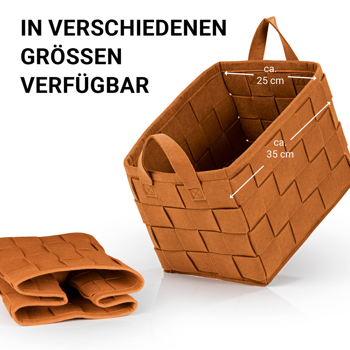 Filz-Aufbewahrungstasche M - 35 x 25 x 25 cm - Rost, moderner faltbarer Filzkorb mit Tragegriffen, platzsparend und vielseitig im Haushalt einsetzbar.