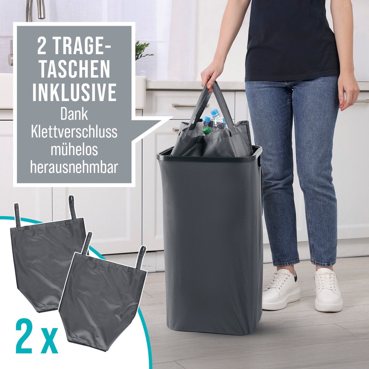 Pfandflaschen-Sammelbehälter - Anthrazit mit 2 abnehmbaren, wasserabweisenden Taschen und praktischem Tragegriff für leichten Transport.