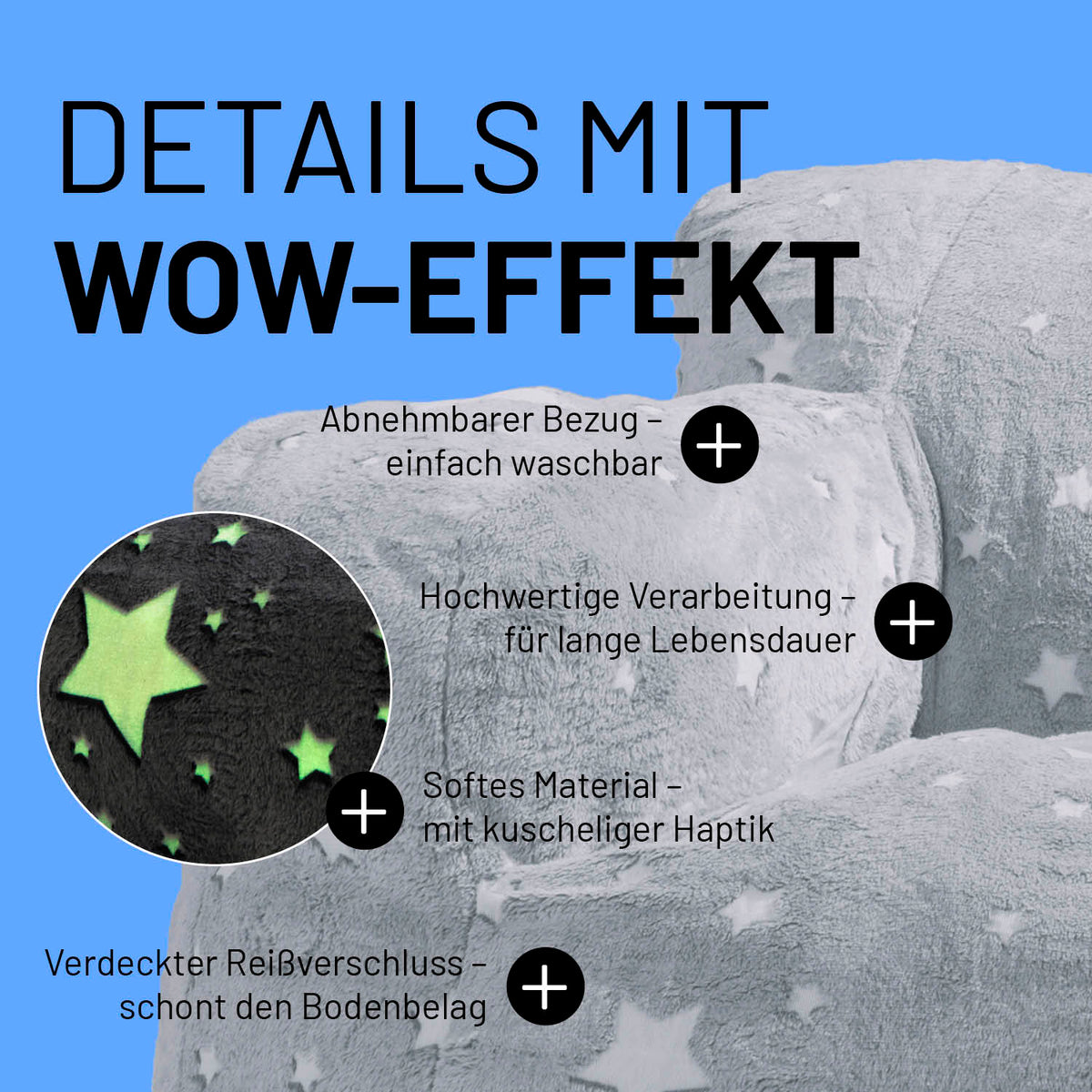 Sessel „Glow in the Dark“ - Grau mit abnehmbarem Bezug, weichem Material, verstecktem Reißverschluss und leuchtendem Sternendesign im Dunkeln.