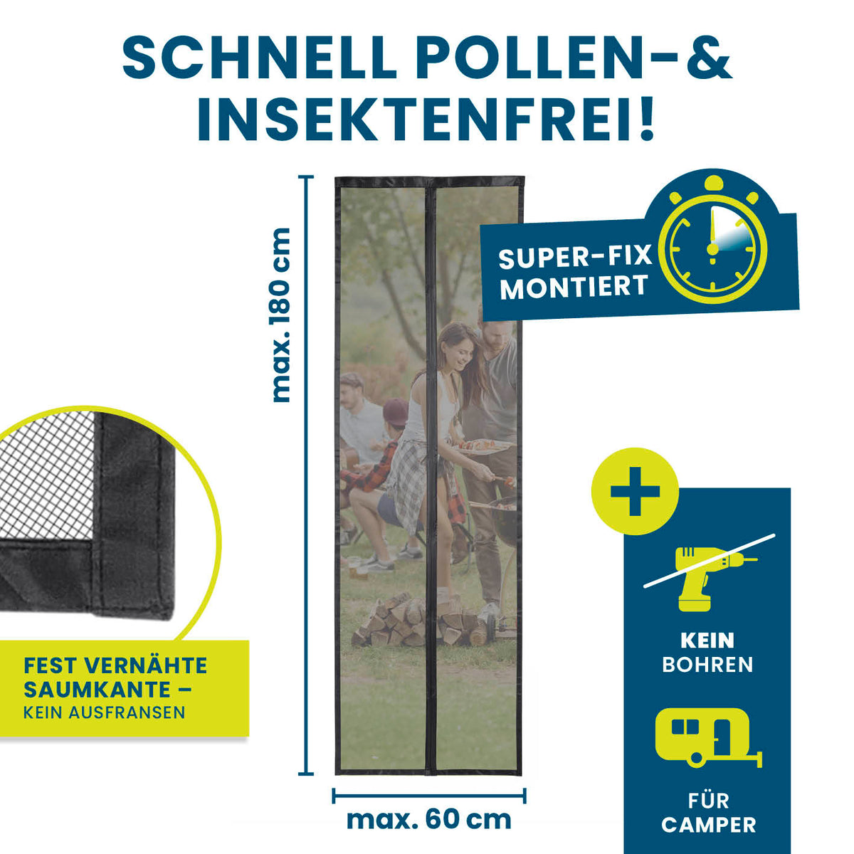 Insekten- & Pollenschutzvorhang für Wohnwagen 60x180 cm mit selbstklebendem Klettband, kein Bohren, schützt vor Mücken und Pollen.