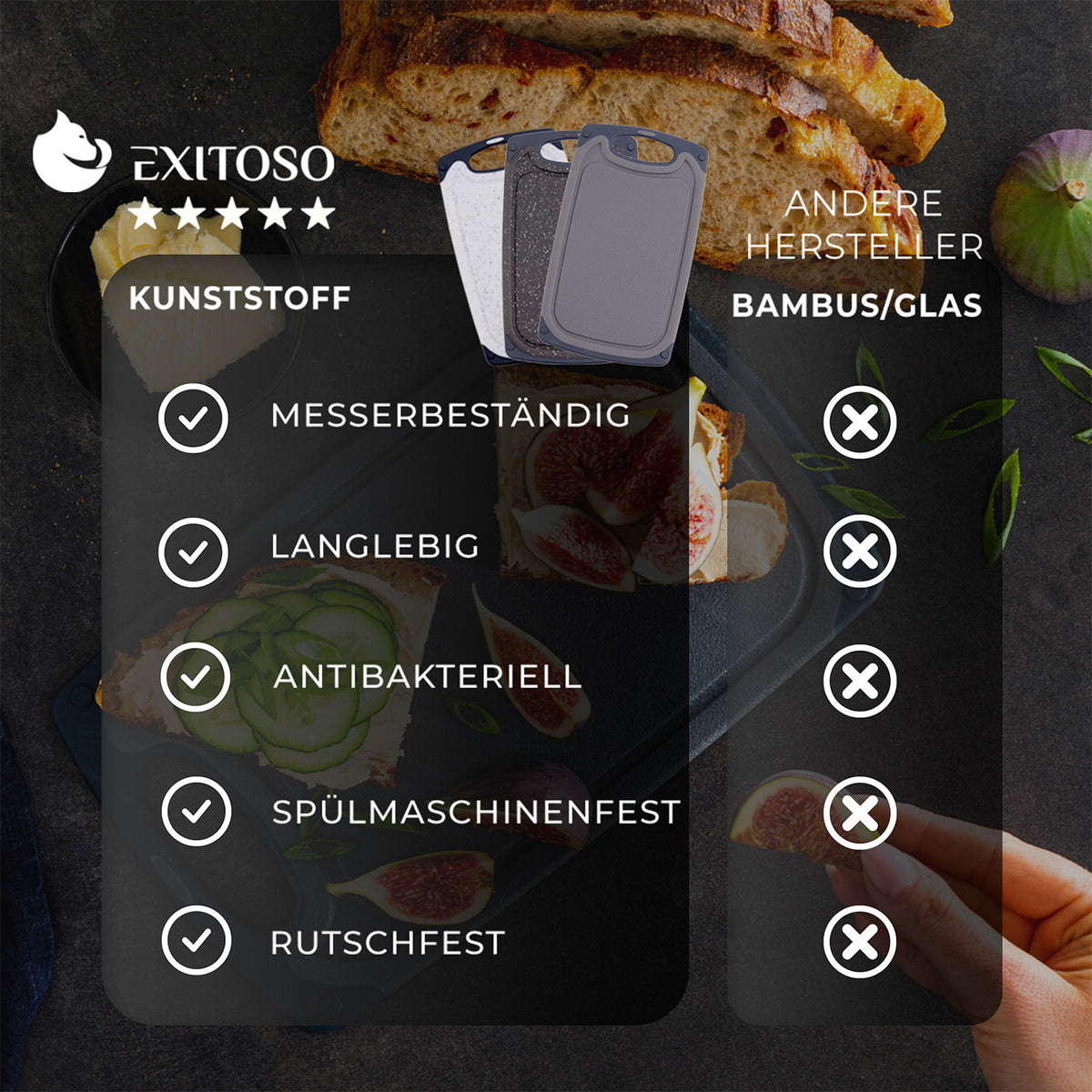Frühstücksbrettchen - 6er-Set - Marmoroptik Schwarz, Kunststoff, rutschfest, spülmaschinenfest, antibakteriell, messerbeständig, langlebig.