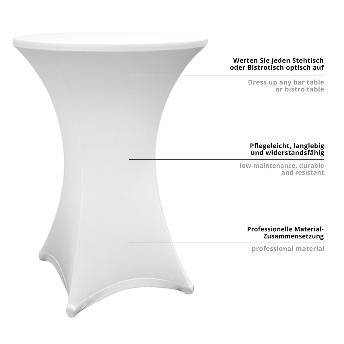 Stehtischhusse 80-85 cm Weiß 2er-Set, pflegeleicht, widerstandsfähig, elegante Passform für Stehtische und Bistrotische.