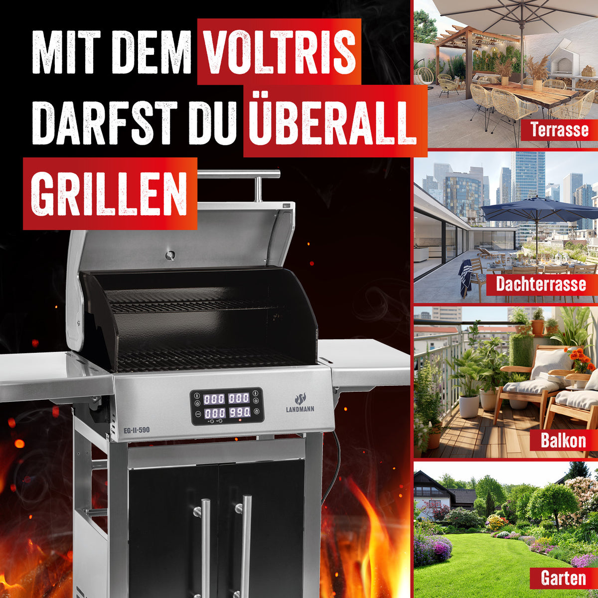 VOLTRIS Elektro-Grillwagen - Edelstahl mit 2 Grillzonen und Thermometern, ideal für Terrasse, Dachterrasse, Balkon und Garten.