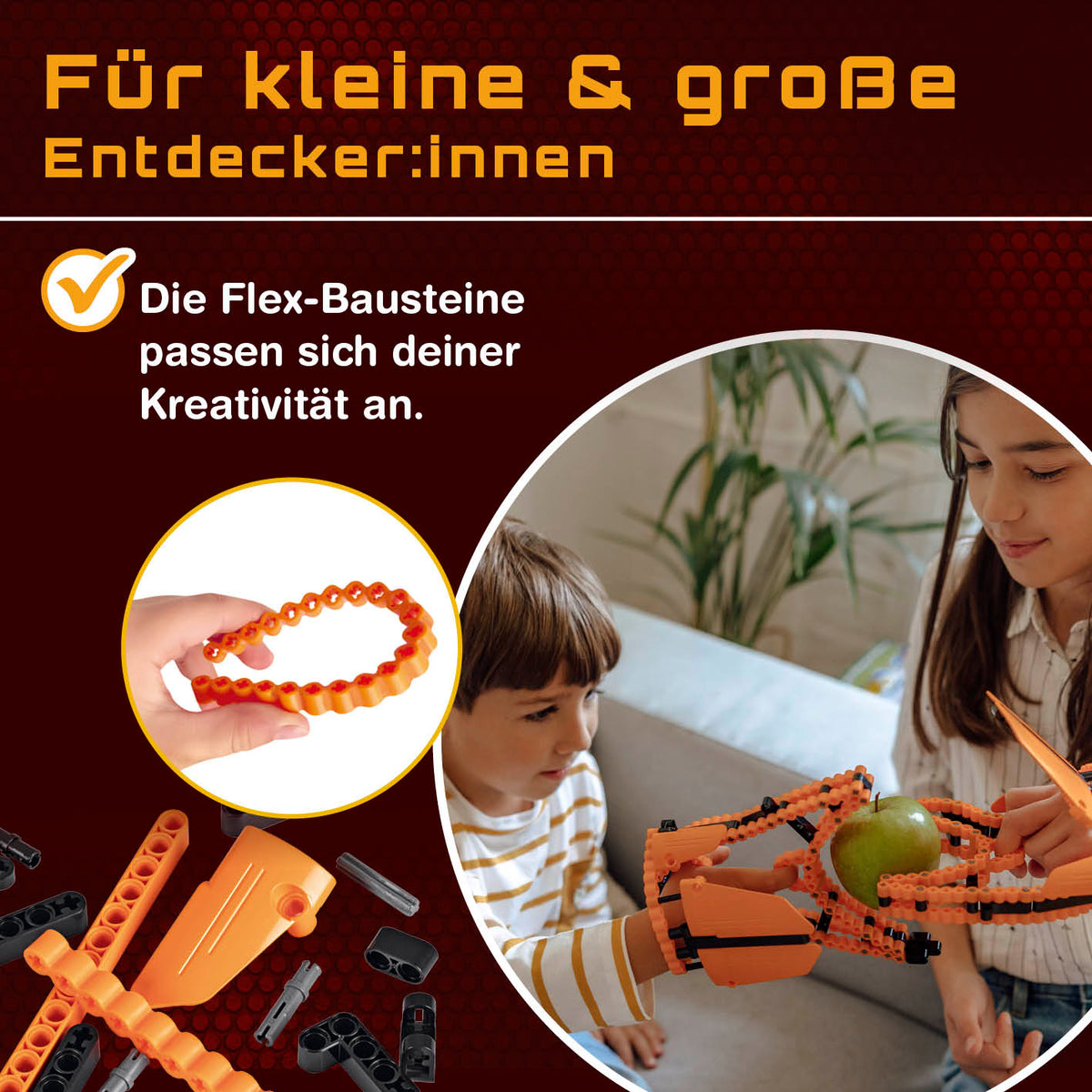 Baustein-Set Skorpion zeigt flexibel bieg- und drehbare Bausteine, die Kreativität und Naturgesetze wie Elastizität spielerisch fördern.