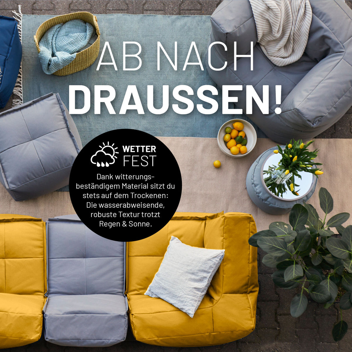 Sitzsack-Sofa Sessel (400 L) - Modulares System - indoor & outdoor - Senfgelb mit wetterfestem, robustem Material und wasserabweisender Textur.