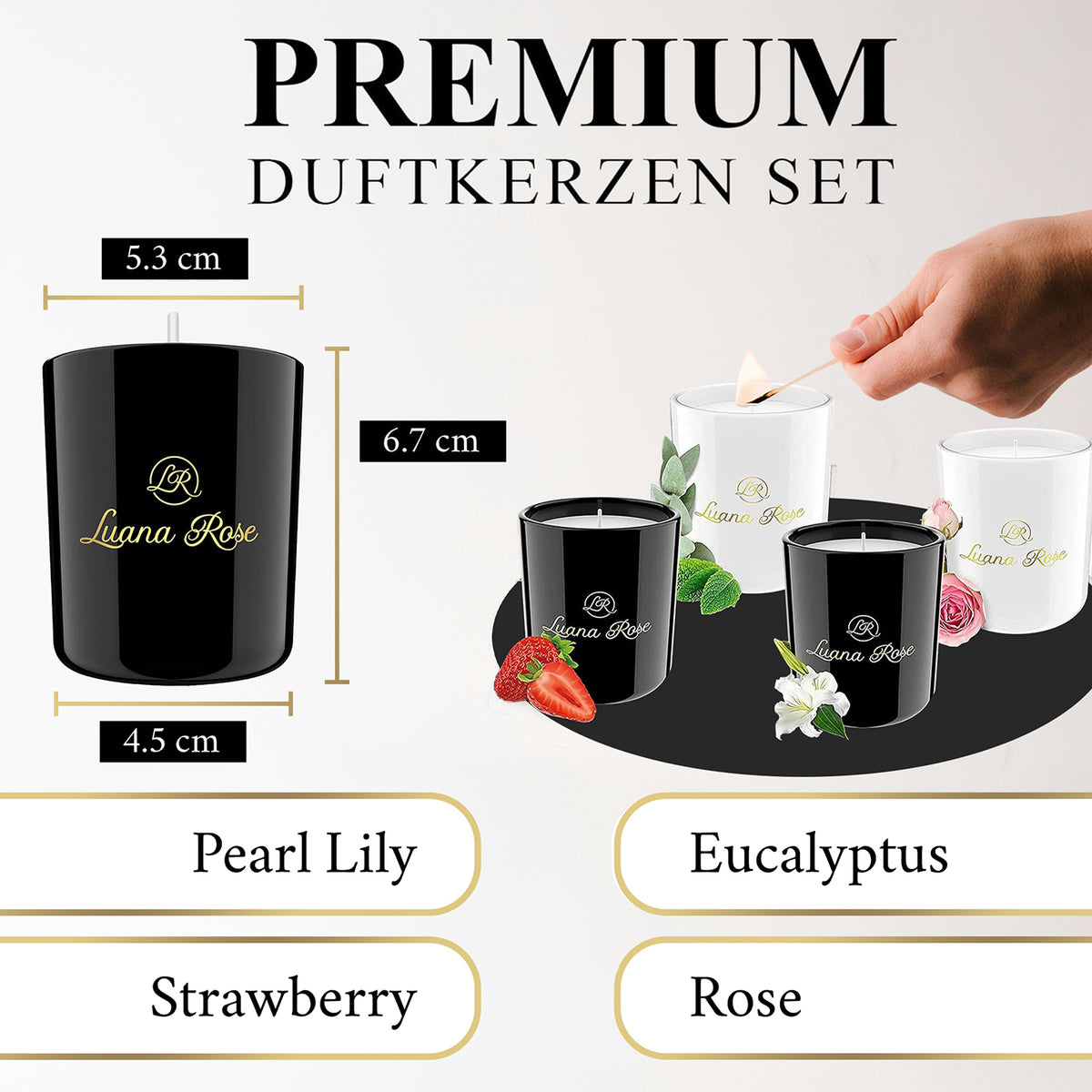 Duftkerzen Geschenkset - 4er-Set mit Birne, Lilie, Eucalyptus & Erdbeere aus 100% Sojawachs, 40 Std. Brenndauer, Geschenkidee.