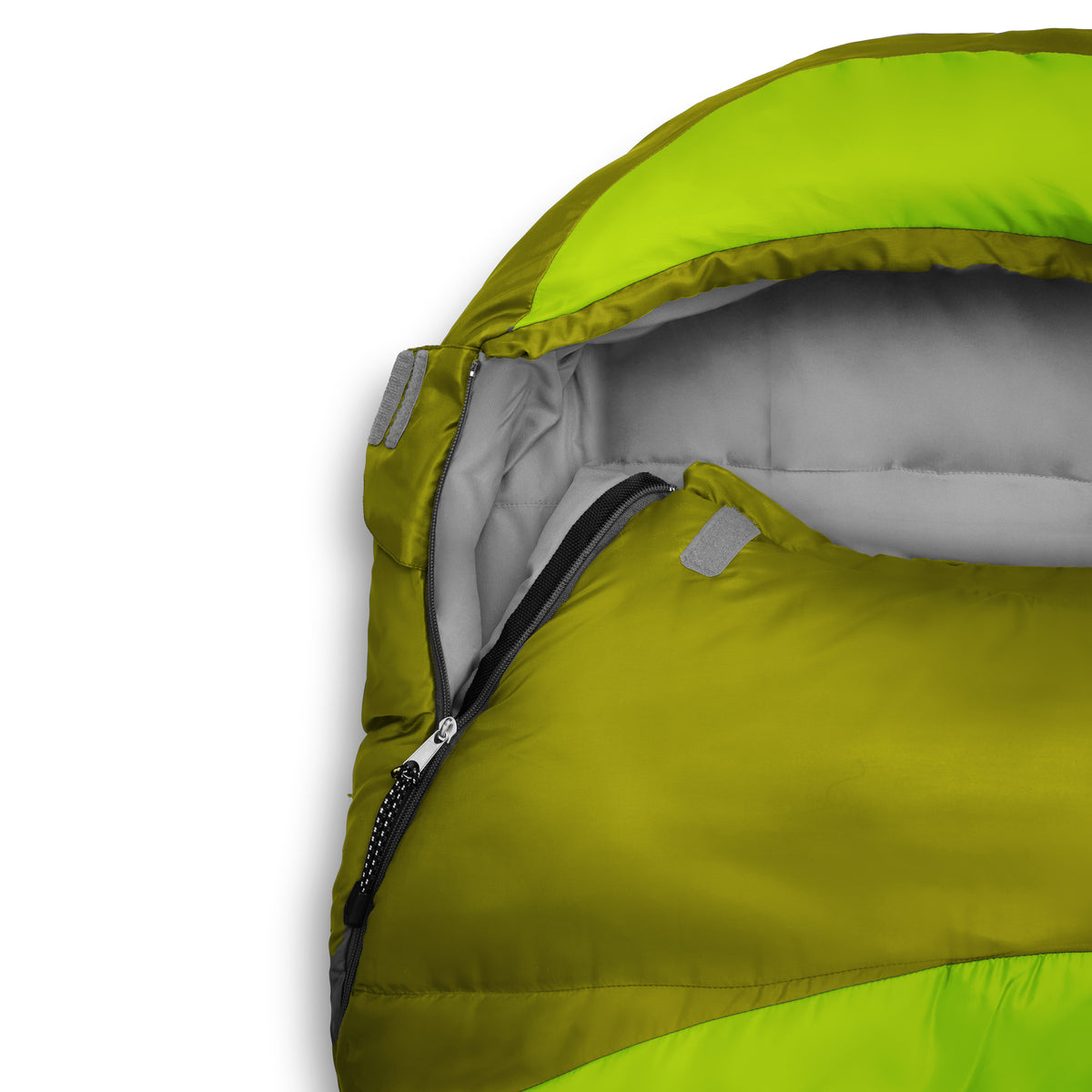 Camping Schlafsack Small & Light hellgrün, wasserdicht, mit Konturkapuze, Wärmekragen und praktischem Packsack, 220 x 80 x 50 cm.