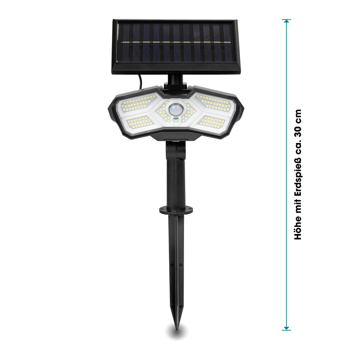 LED-Solarstrahler mit Bewegungsmelder, 30 cm hoch mit Erdspieß, energiesparend, flexibel durch externes Solarpanel mit Bewegungsmelder.