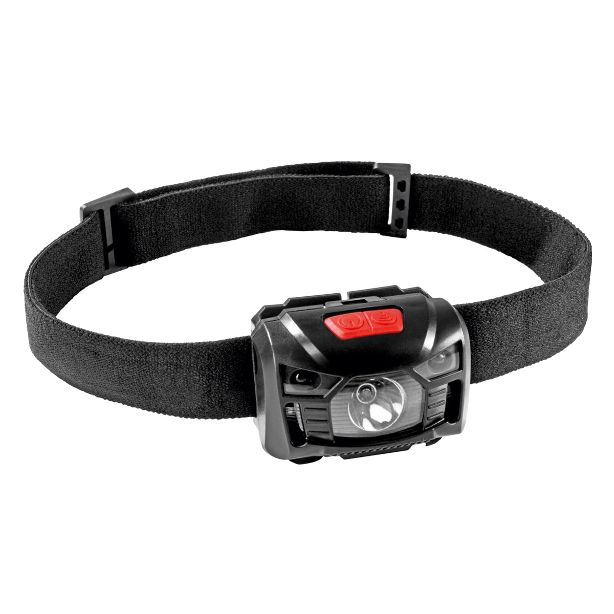 Stirnlampe schwarz/rot mit Bewegungssensor, 5 Leuchtmodi und bis zu 150 Lumen, verstellbares Kopfband, spritzwassergeschützt IP44.