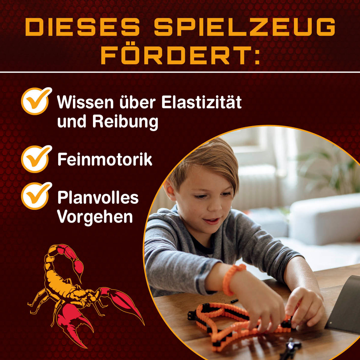 Baustein-Set Skorpion fördert Feinmotorik, Wissen über Elastizität und Reibung sowie planvolles Vorgehen beim Bauen.
