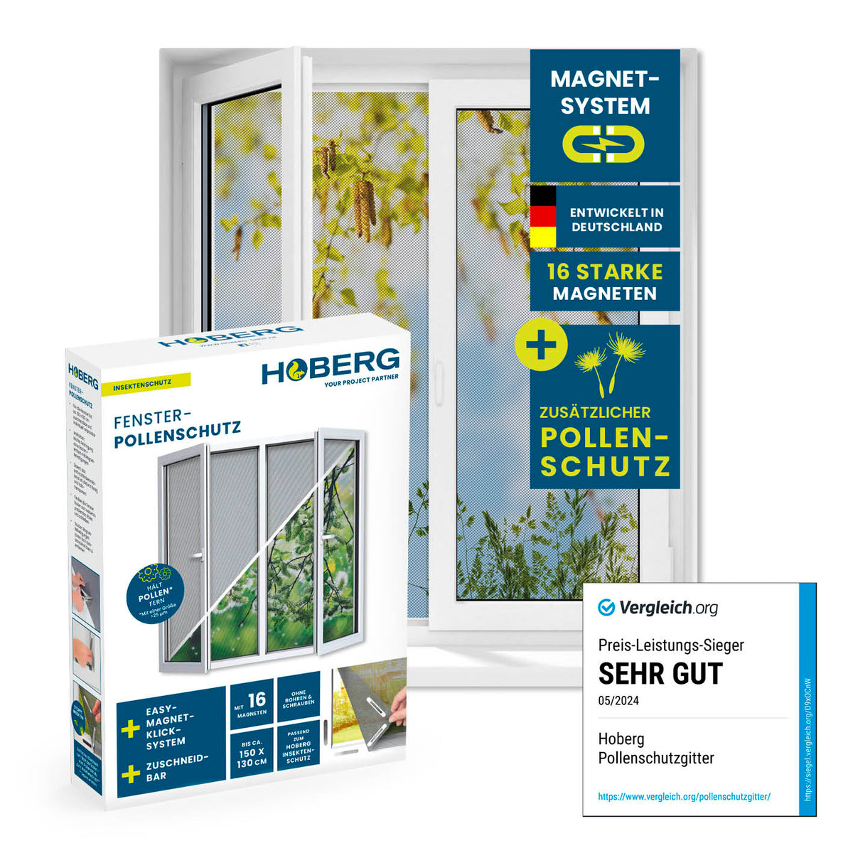 Insekten- & Pollenschutzgitter mit Magnetbefestigung schützt Fenster vor Insekten und Pollen, einfache Montage ohne Bohren.