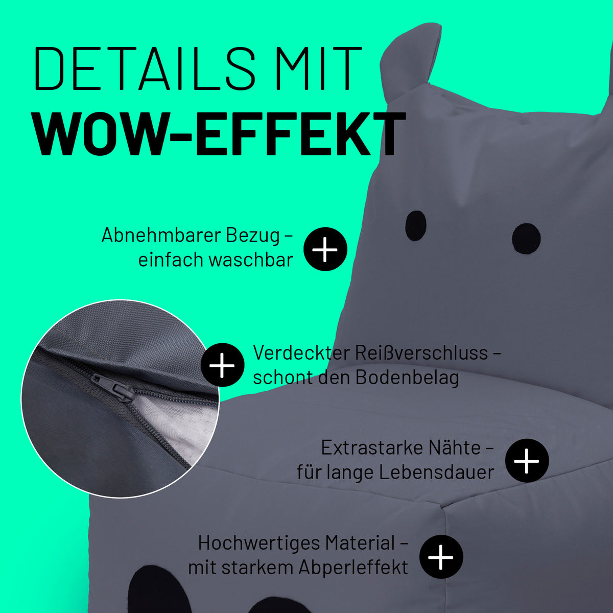 Kindersitzsack Animal Line Hippo (200 L) in Stahlgrau, wasserabweisend, abnehmbarer Bezug, verdeckter Reißverschluss, langlebig und pflegeleicht.