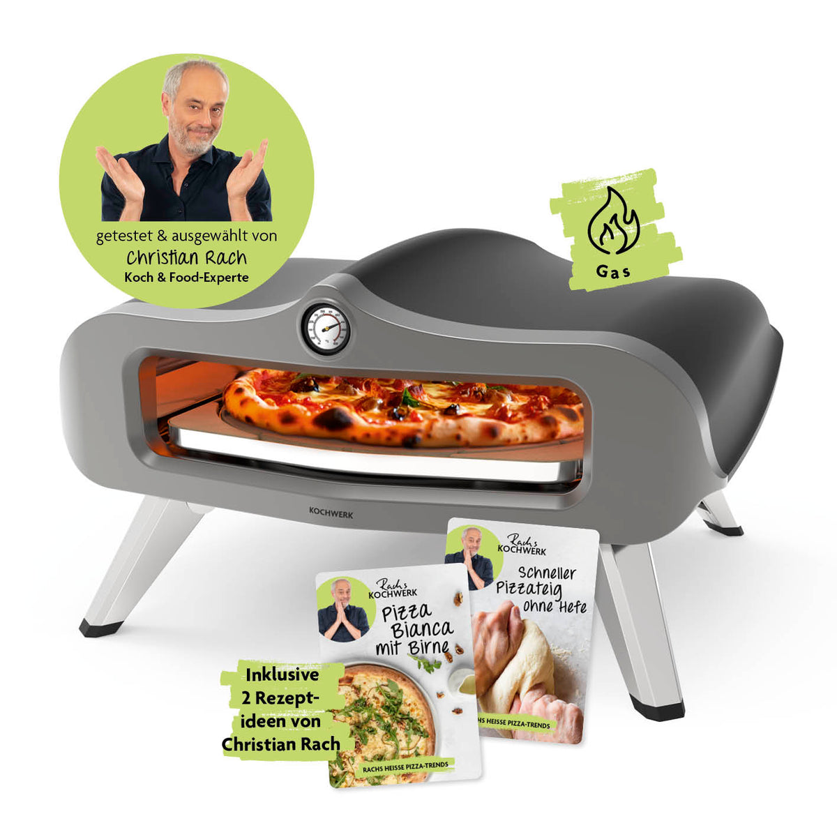 Gas-Pizzaofen für Pizzen bis zu Ø 34 cm mit Cordierit-Pizzastein, Thermometer und bis 450°C für knusprige Pizzen in kurzer Zeit.