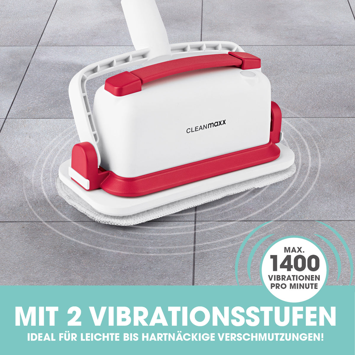 Akku-Scheuerbürste - weiß/rot mit zwei Vibrationsstufen, kabellos, bis zu 80 Min. Akkulaufzeit, ideal für Bodenreinigung ohne Bücken.