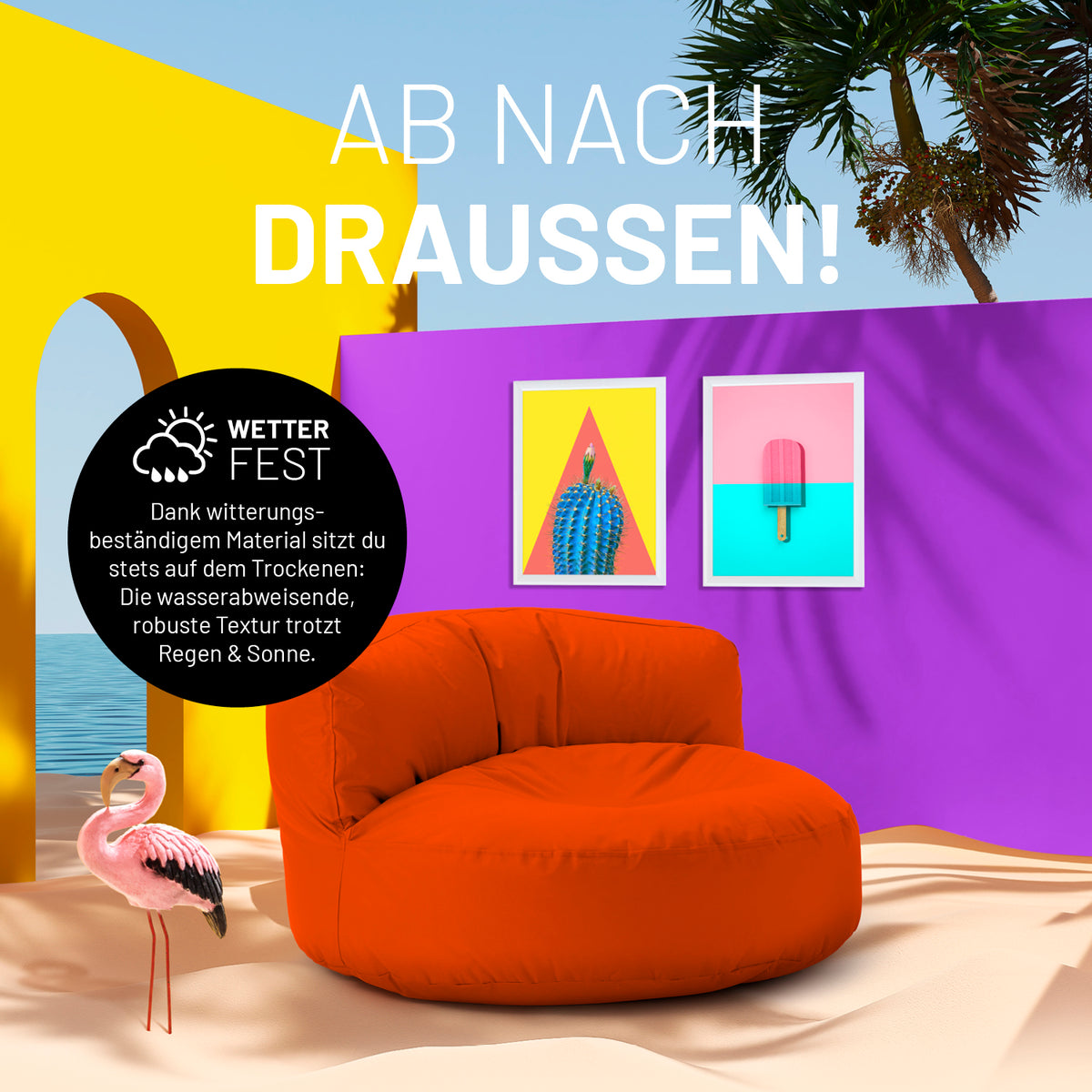 Sitzsack Lounge (320 L) Orange, wetterfest, robust, leicht, indoor & outdoor, pflegeleicht, mit verdecktem Reißverschluss für bodenschonenden Schutz.