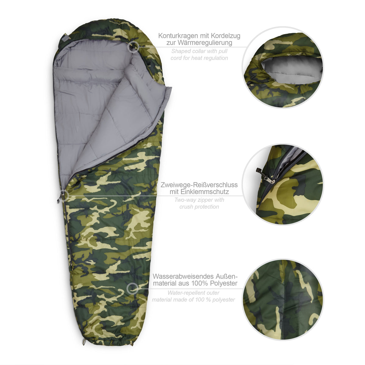 Camping Schlafsack Classic - Mumienschlafsack in Camouflage Grün mit wasserabweisendem Polyester und Konturkapuze für optimale Wärme.