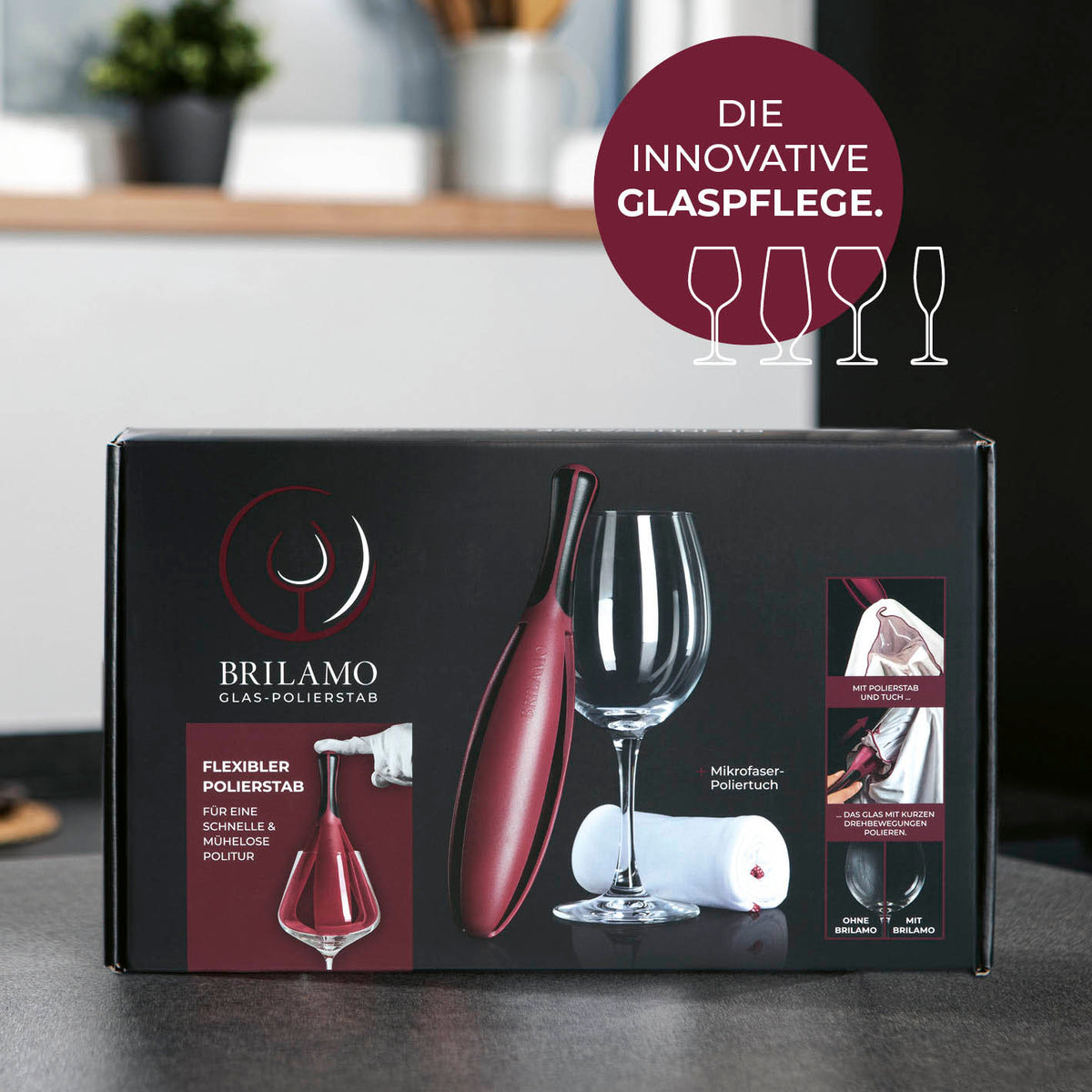 Weinglaspolierer inkl. 3 Poliertücher, flexibel für schlierenfreies Polieren von Weingläsern, spülmaschinengeeignet für brillante Ergebnisse.