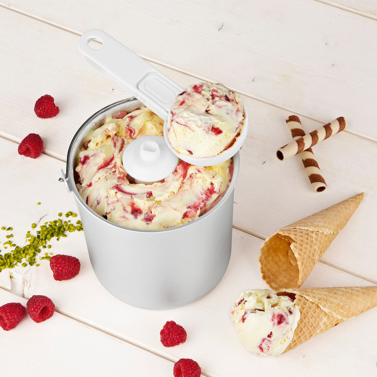 Eismaschine - Zubereitung von bis zu 1,5 l Milcheis und Fruchteis in Edelstahl mit digitalem Timer und LCD-Display.