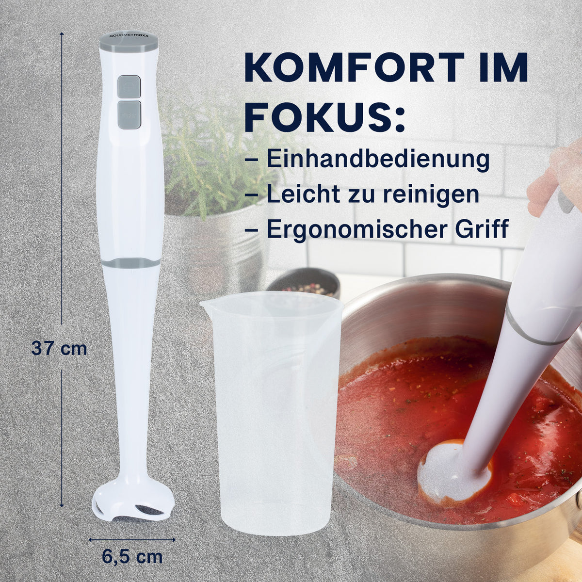 Stabmixer mit Messbecher - weiß/grau, ergonomischer Griff, leicht zu reinigen, mit 700-ml Mixbecher und Einhandbedienung.