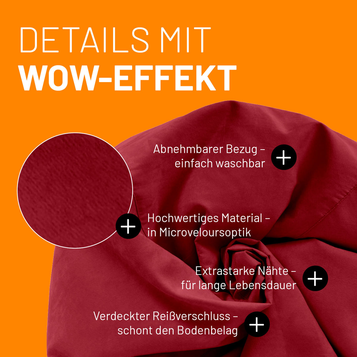 Luxury XL Sitzsack (120 L) - indoor - Rot mit abnehmbarem Bezug, Microvelours, extra starken Nähten und verdecktem Reißverschluss.