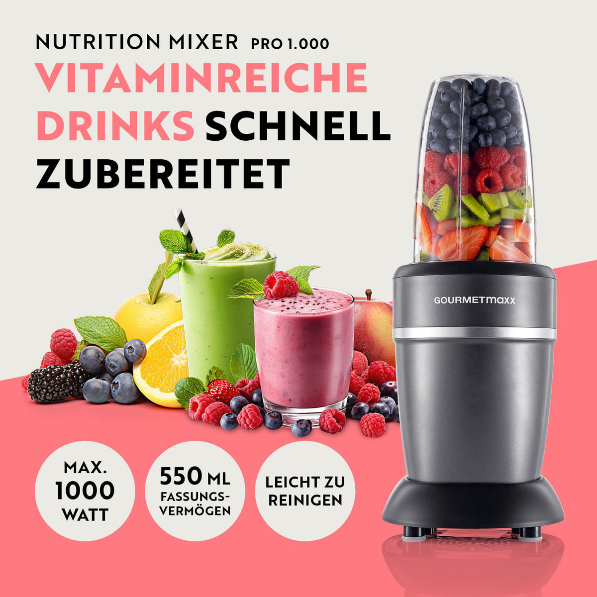Nutrition Mixer Pro 1.000 mit Zubehörset L - Anthrazit/Schwarz mit 1000W, 550ml Fassungsvermögen, ideal für vitaminreiche Drinks schnell zubereitet.
