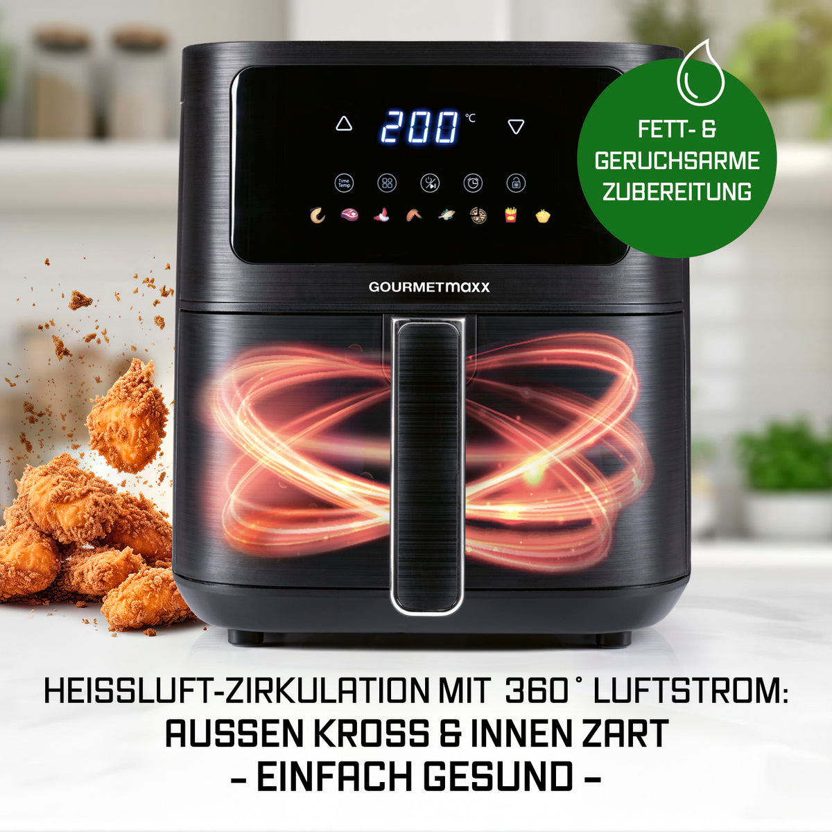 Heißluftfritteuse - 4,5 Liter mit 7,8 Zoll LED-Touchdisplay, 1500 Watt und 6 Funktionen für fettarmes, knuspriges Garen.
