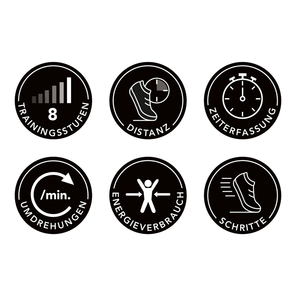 Ellipsentrainer - 8 Stufen für individuelles Trainingsniveau mit Trainingsstufen, Distanz, Zeit, Umdrehungen, Energieverbrauch und Schrittzähler.