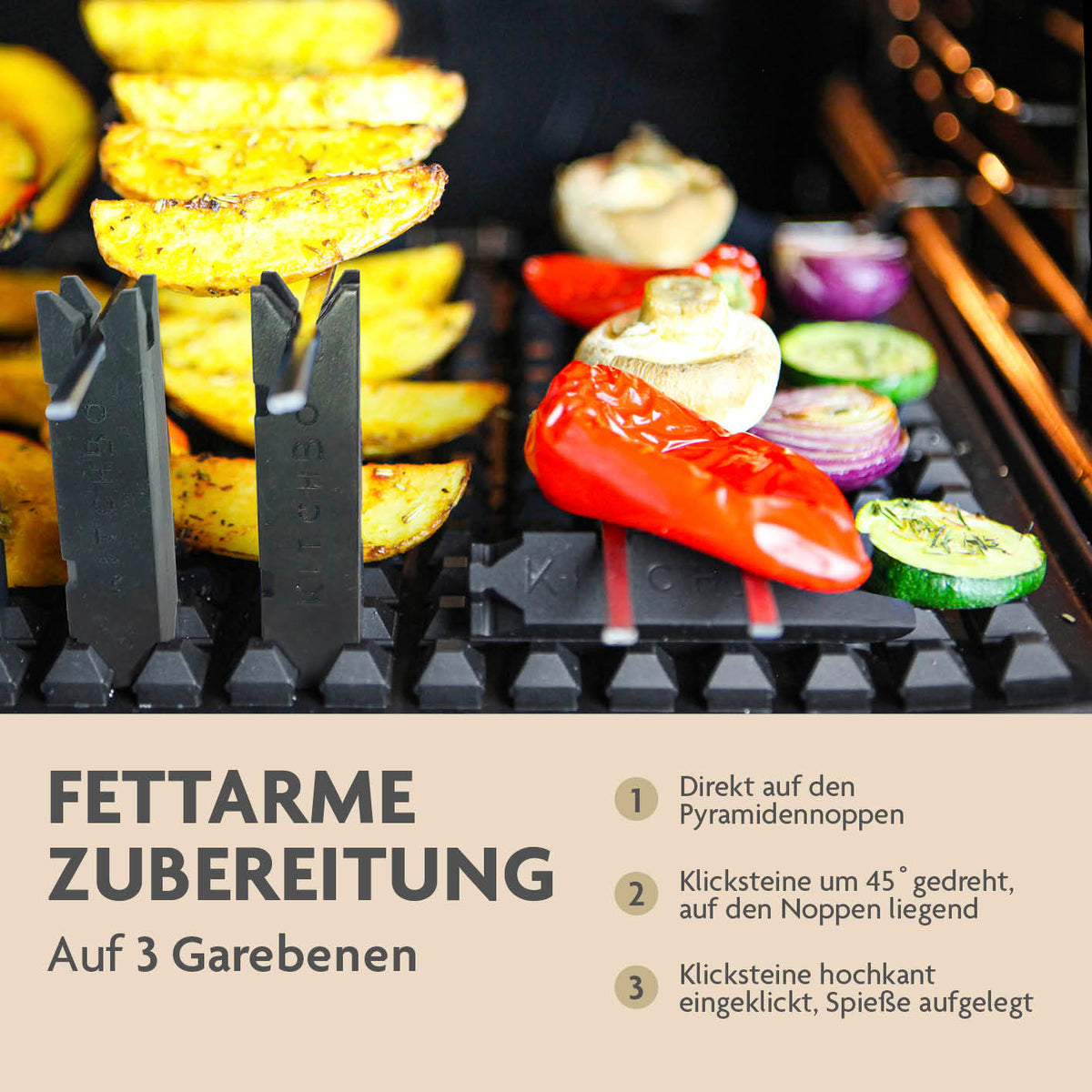 Starter Set Deluxe Silikon-Backmatte mit 6 Spießen und 8 Steinen für fettarmes Grillen auf 3 Ebenen