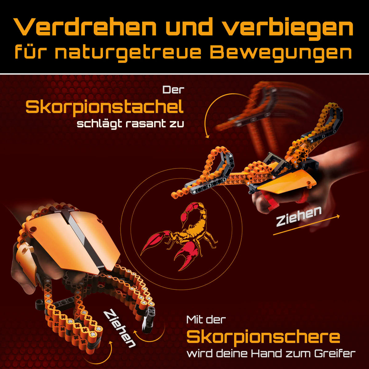 Baustein-Set Skorpion mit flexiblen Bausteinen für naturgetreues Biegen und Verdrehungen wie Skorpionstachel und Skorpionschere.