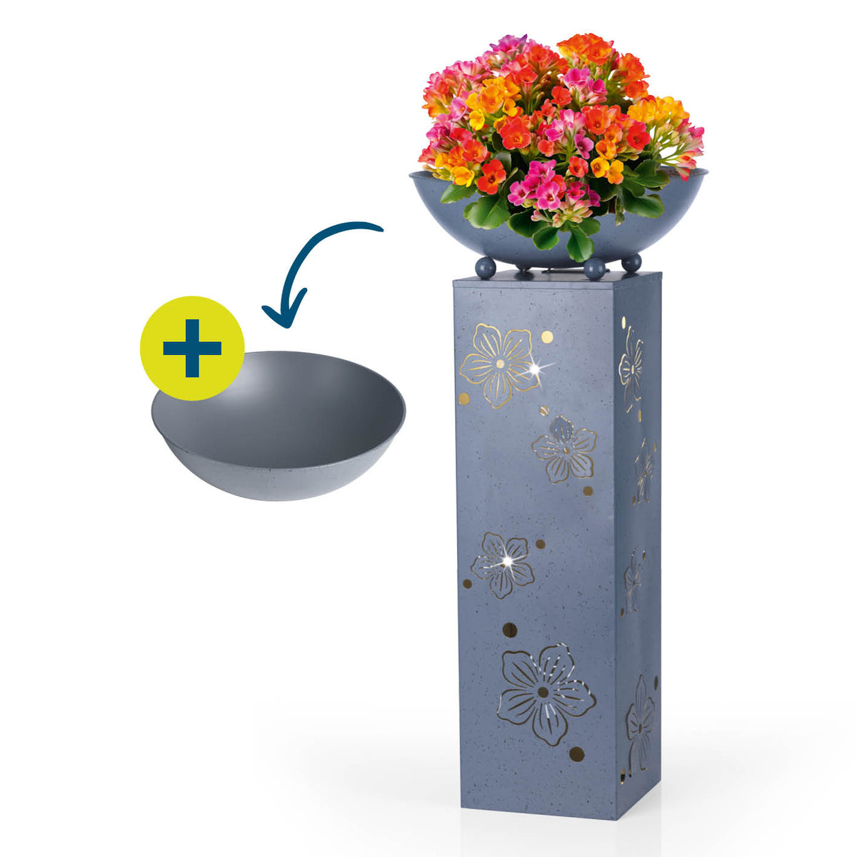LED Pflanzsäule "Blume" in 3D Beton-Optik mit abnehmbarer Pflanzschale und dekorativer LED-Beleuchtung.