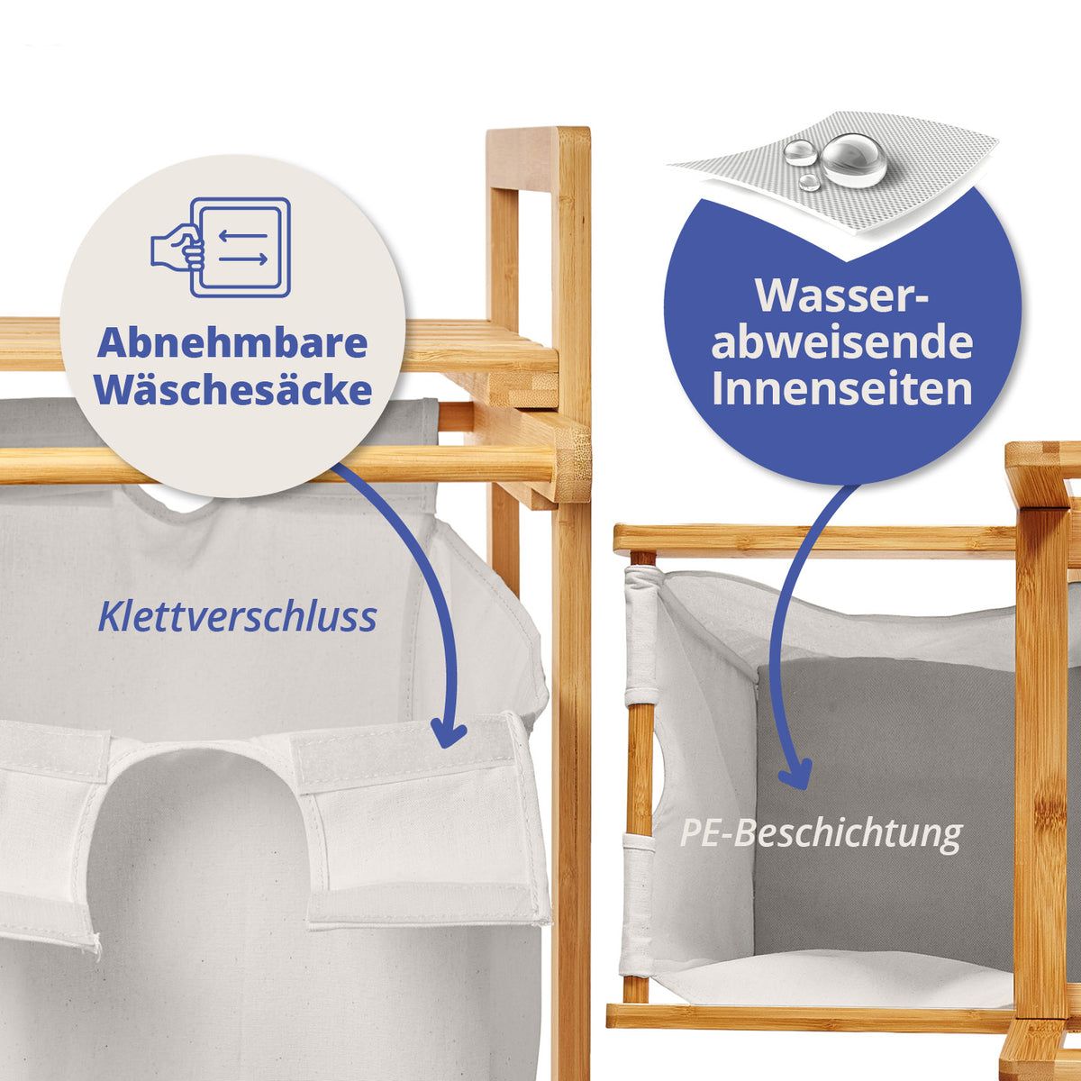 Bambus Wäschekorb mit ausziehbarem Wäschesack - 33 x 33 x 73 cm - Weiß mit abnehmbarem Sack und wasserabweisenden Innenseiten.
