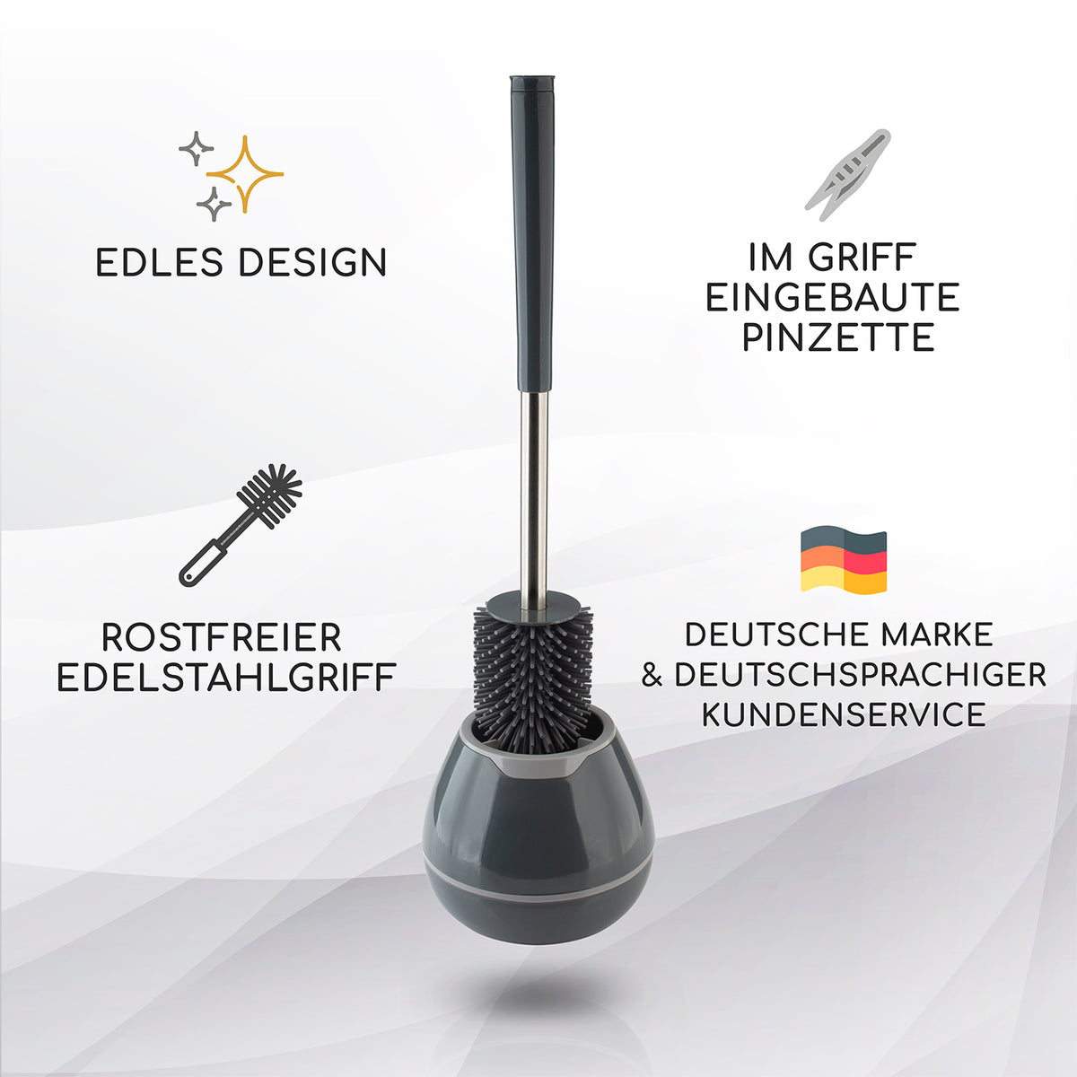 WC Bürste aus Silikon mit Edelstahl Halter - schwarz mit edlem Design, rostfreiem Griff und integrierter Pinzette im Griff.