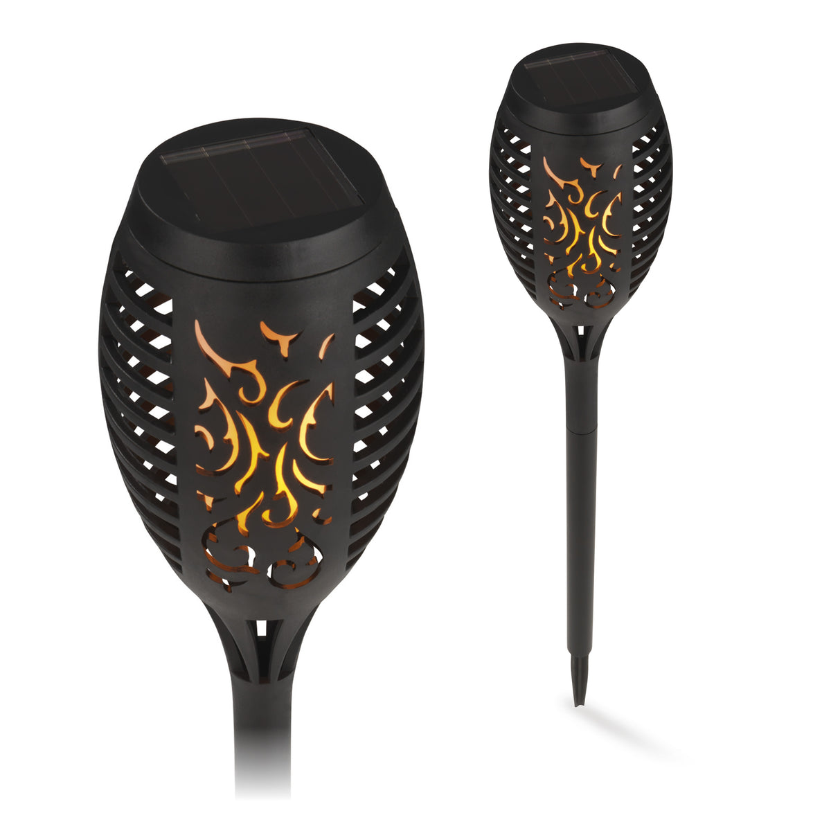 Solar-Fackel LED mit Tageslichtsensor - 2er-Set - schwarz mit realistischem Flammeneffekt, wetterbeständig und mit Erdspieß für Außenbereiche.
