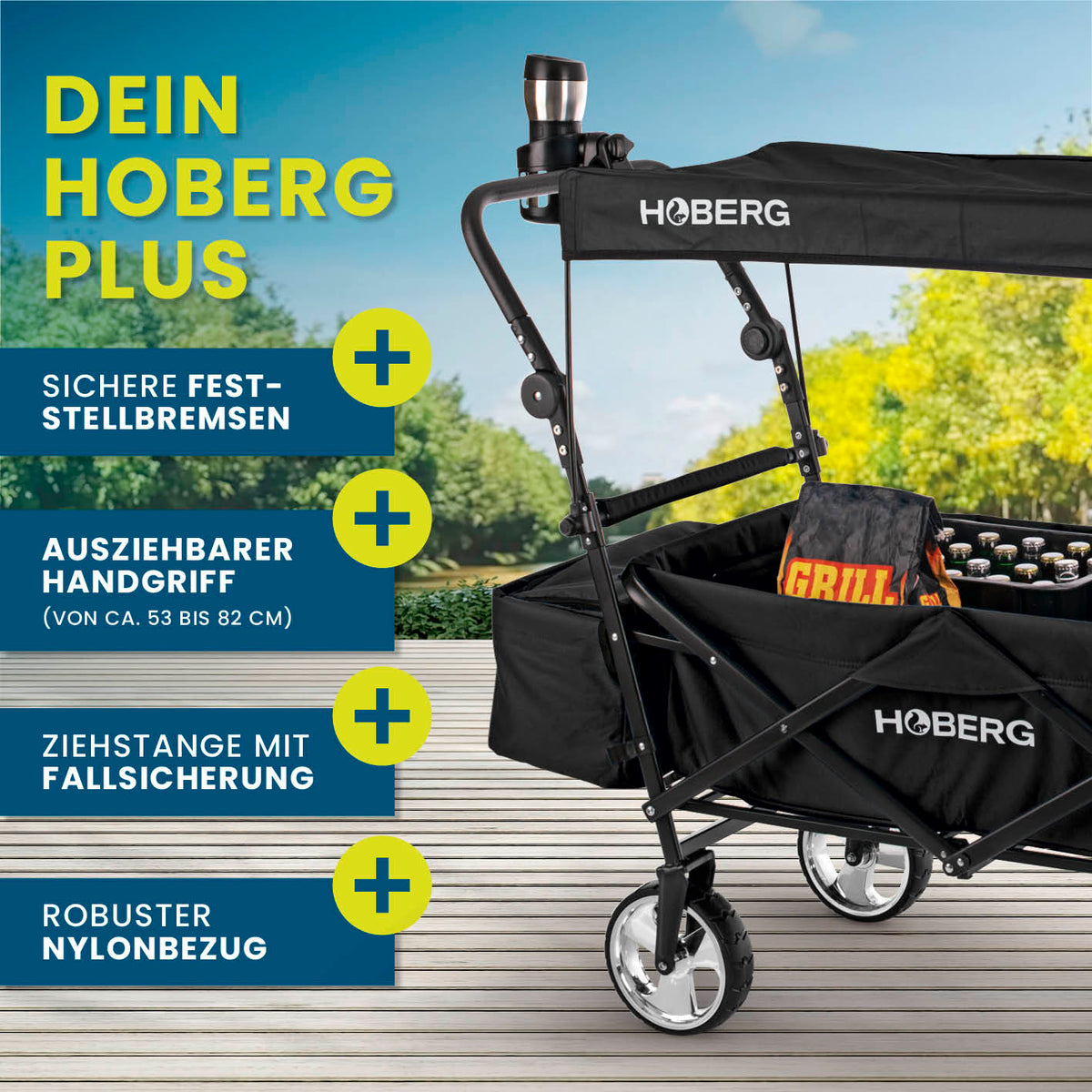 Faltbarer Bollerwagen - Schwarz mit ausziehbarem Griff, Fallsicherung, Nylonbezug und sicheren Feststellbremsen von HOBERG.