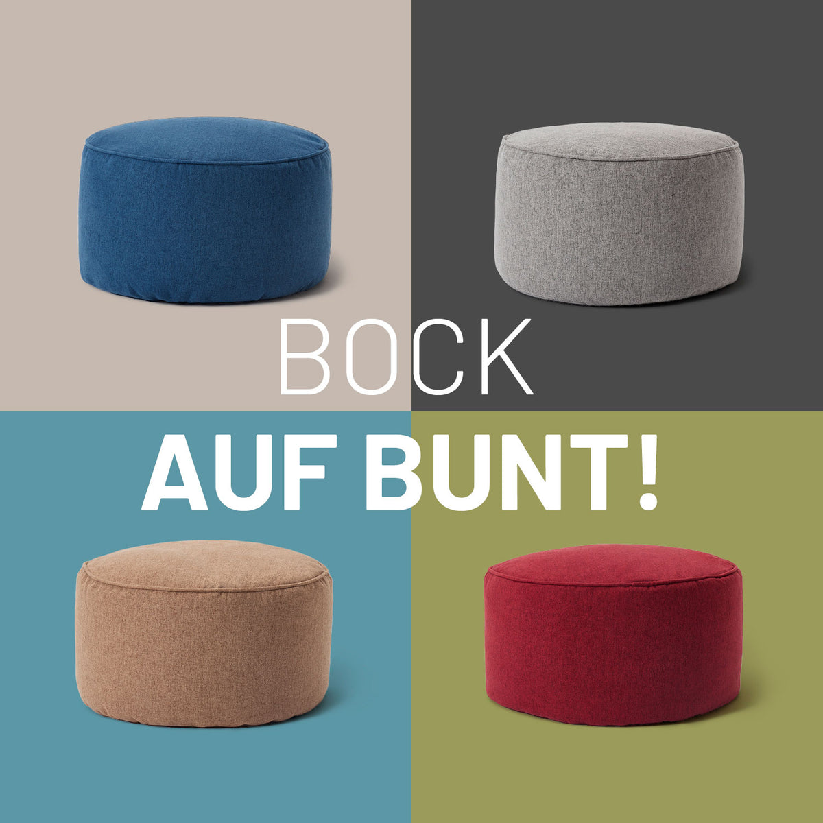 Comfort Line Sitzsack-Hocker/Pouf (50 L) in den Farben Dunkelblau, Hellgrau, Braun und Rot für modernes Wohnen.