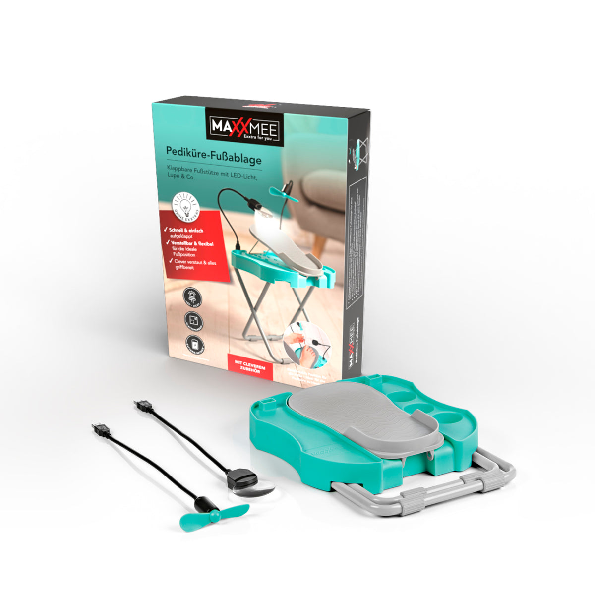 Fußstütze Pediküre Salon Step - mint/weiß, klappbar mit LED-Licht-Lupe, USB-Lüfter und verstellbarer Fußablage.
