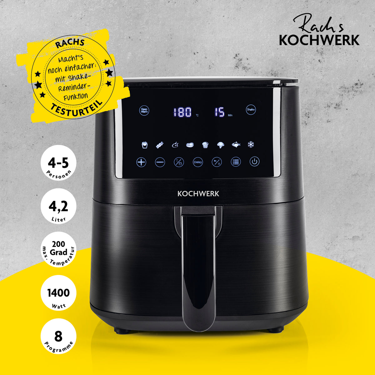 Heißluft-Fritteuse Digital 4,2l mit 8 Programmen, Shake-Reminder, 1400W Leistung und leicht zu reinigendem Frittierkorb.