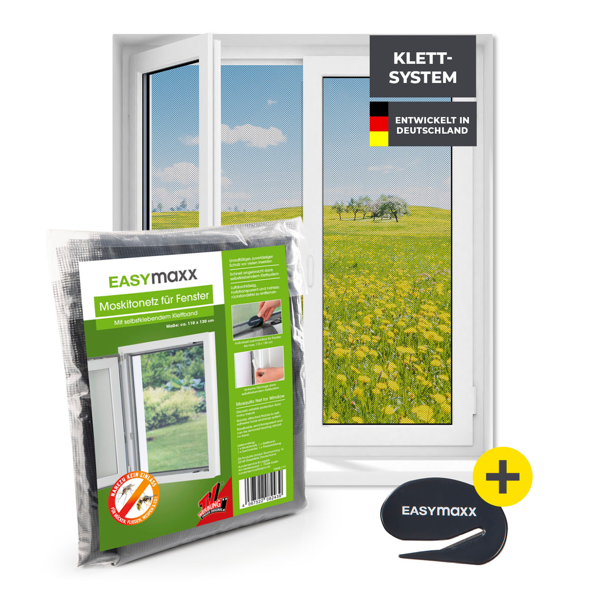 Moskitonetz für Fenster mit selbstklebendem Klettband 110x130 cm Schwarz schützt zuverlässig vor Insekten, einfache Montage ohne Bohren.