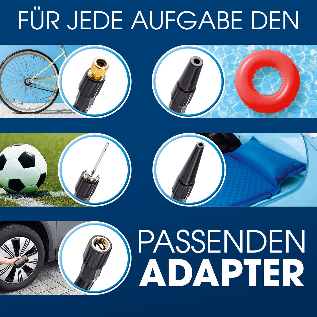 Akku-Handkompressor mit 4 passenden Adaptern für Fahrrad, Auto, Bälle und Schwimmringe effizientes Aufpumpen