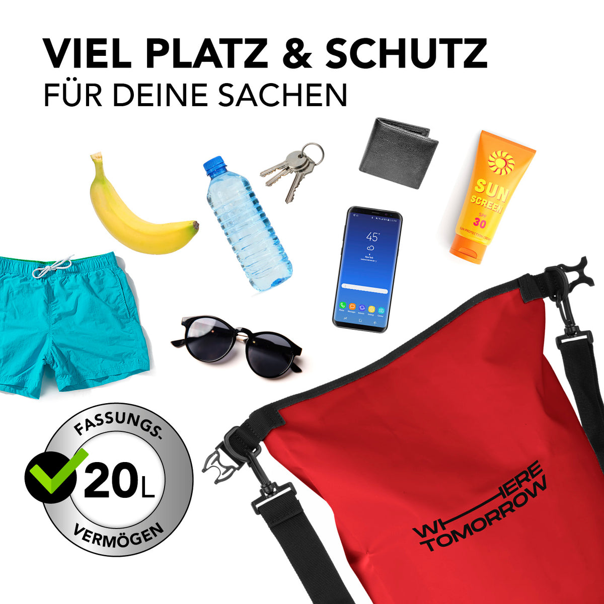 Dry Bag 20L - Style 01 - Rot robuster, wasserdichter Outdoor-Rucksack mit 20L Fassungsvermögen zum Schutz deiner Wertsachen.