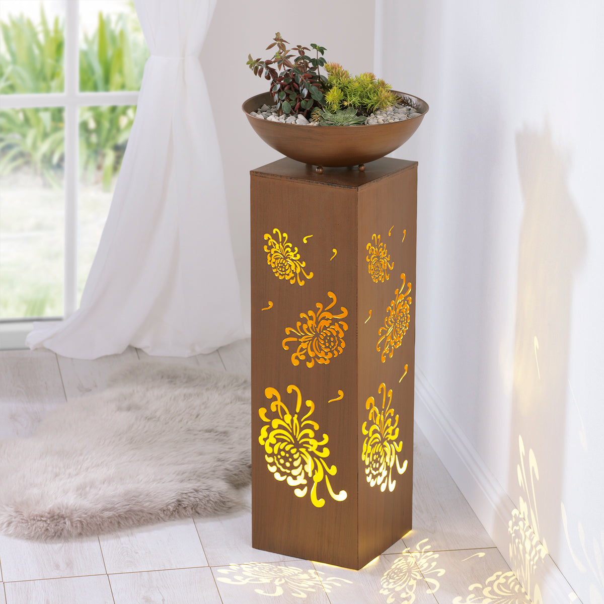 LED-Dekosäule mit Planzschale Rost-Optik "Bauernrose" 87 cm, LED-Beleuchtung, floral, batteriebetrieben, Timer, für Innen- und Außenbereiche.