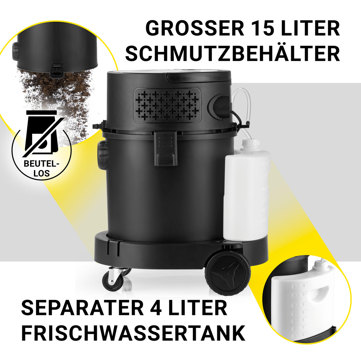 Sprüh- und Waschsauger Power Clean mit großem 15-Liter-Schmutzbehälter und separatem 4-Liter-Frischwassertank, beutellos und mobil.