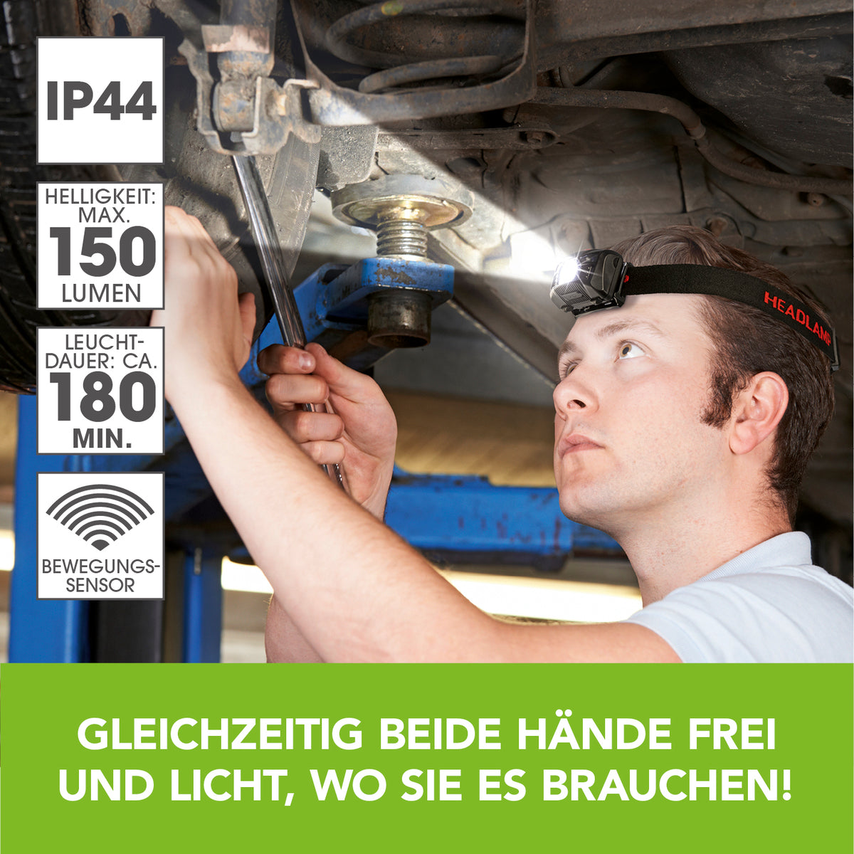 Mann arbeitet unter Auto mit Stirnlampe - schwarz/rot, Bewegungssensor, 150 Lumen, spritzwassergeschützt nach IP44